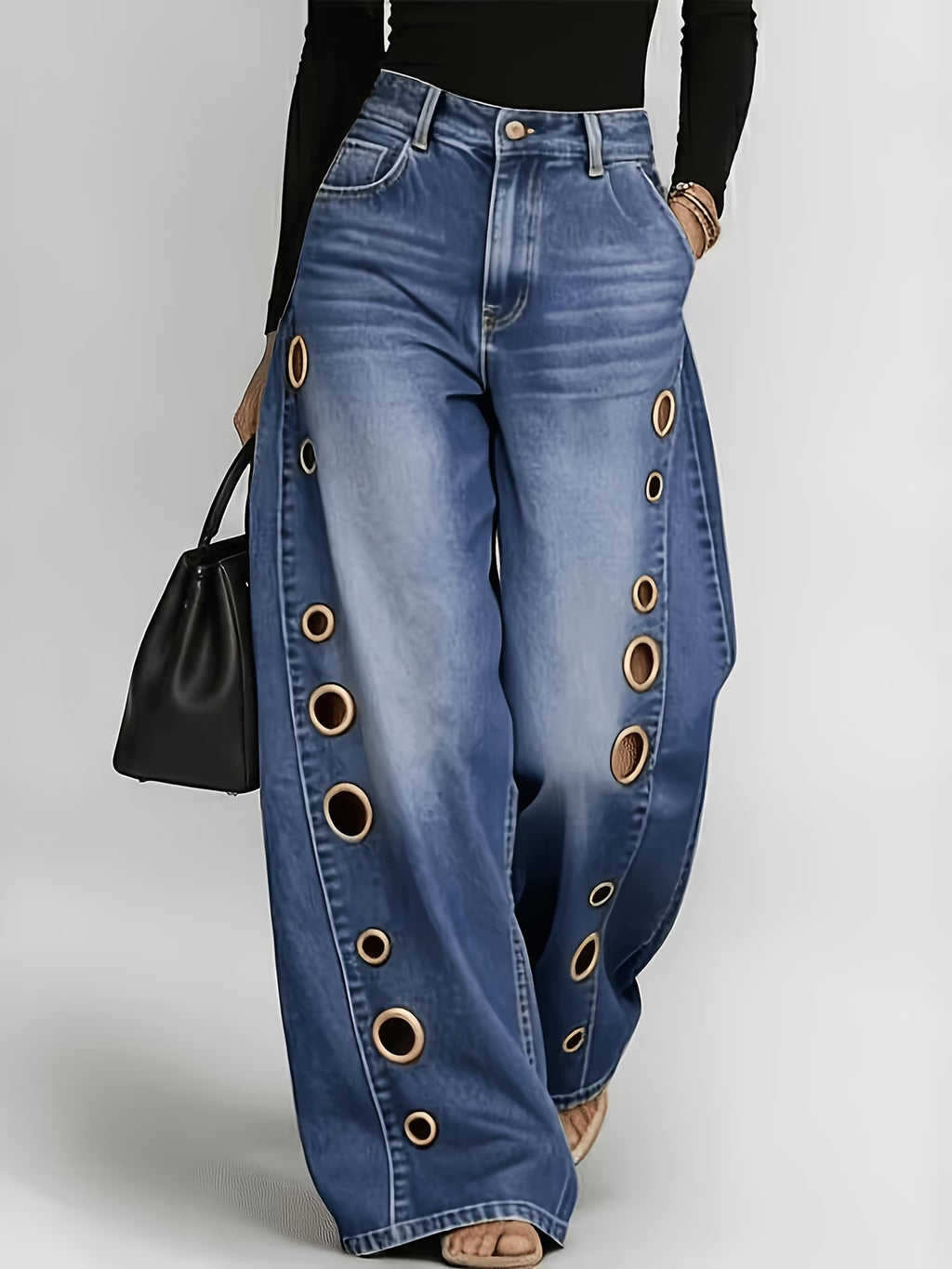 Jean Droit Taille Haute Anneau Métallique