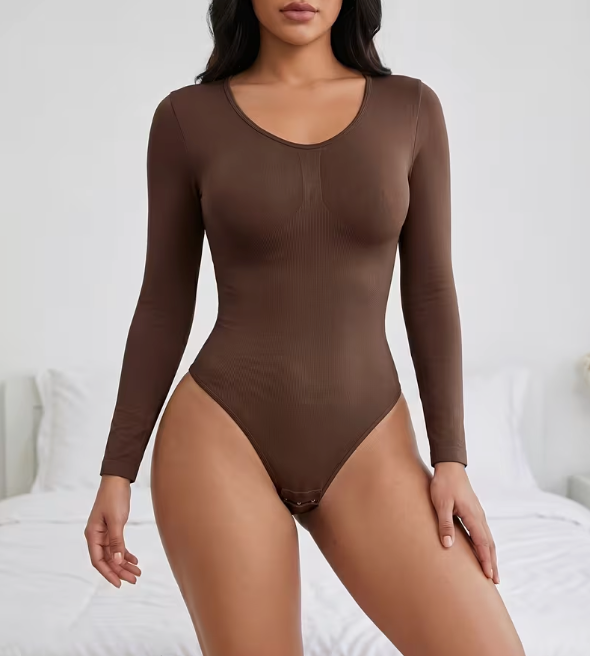 Bodysuit Gainant Élastique Col Rond Manches Longues