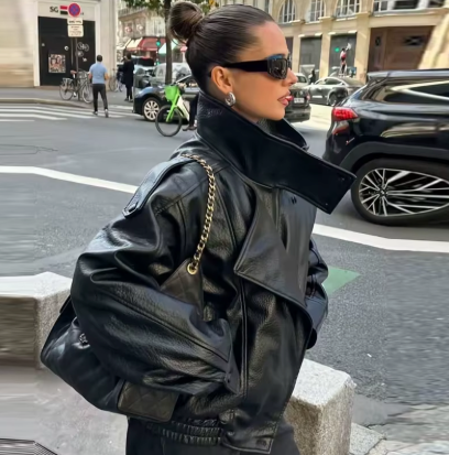 Veste en Cuir Noir Oversize Bombardier