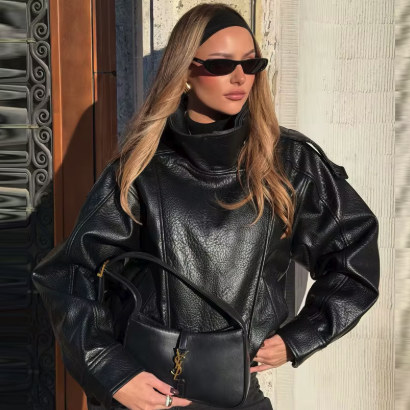 Veste en Cuir Noir Oversize Bombardier