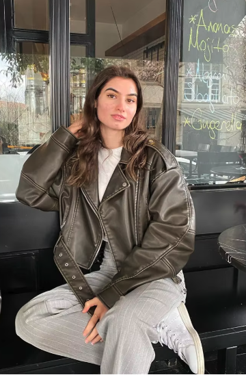 Veste Courte en Similicuir Oversize Motard