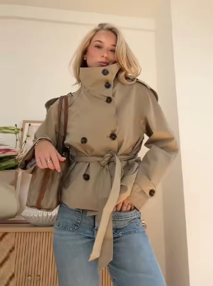 Veste Cropped Ceinturée Col Montant