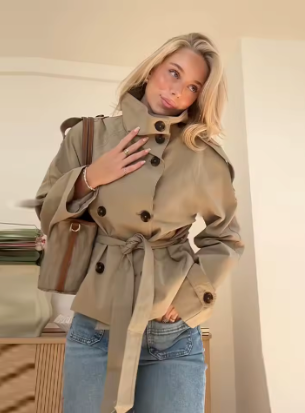 Veste Cropped Ceinturée Col Montant