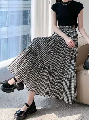 Jupe Midi à Plusieurs Niveaux Carreaux Vintage