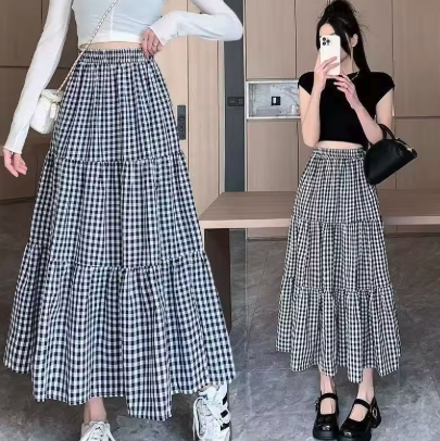 Jupe Midi à Plusieurs Niveaux Carreaux Vintage
