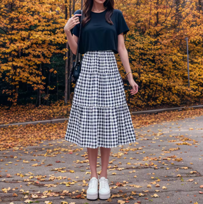 Jupe Midi à Plusieurs Niveaux Carreaux Vintage