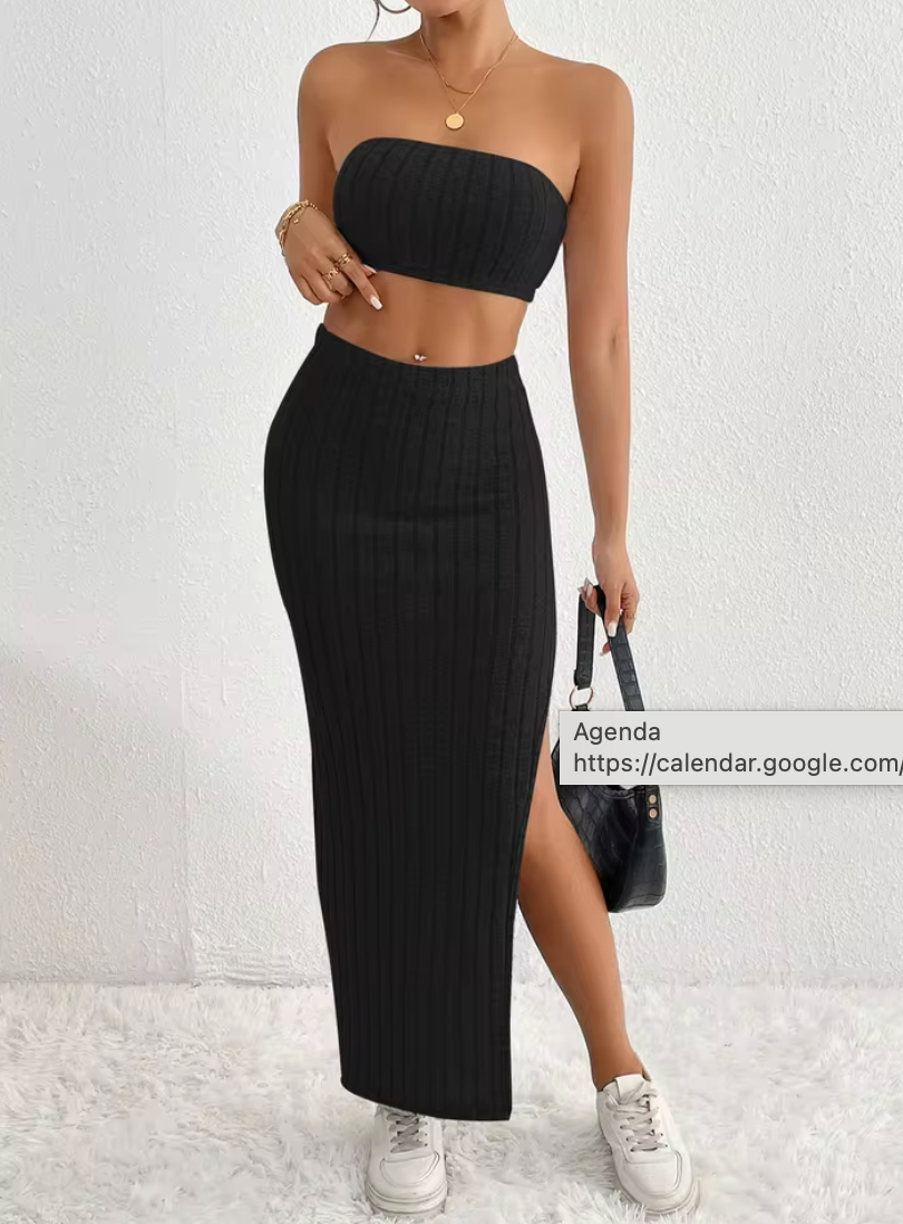 Ensemble Crop Top Côtelé et Jupe Fendue Taille Haute