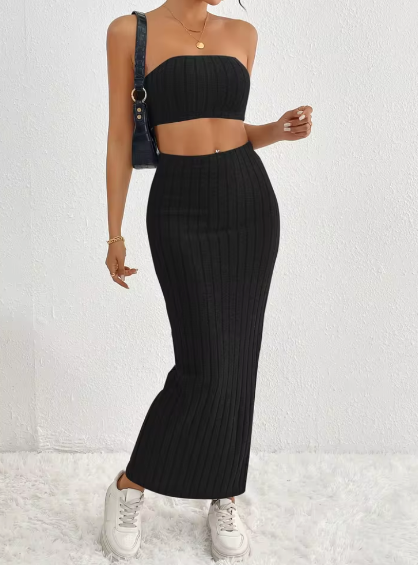 Ensemble Crop Top Côtelé et Jupe Fendue Taille Haute