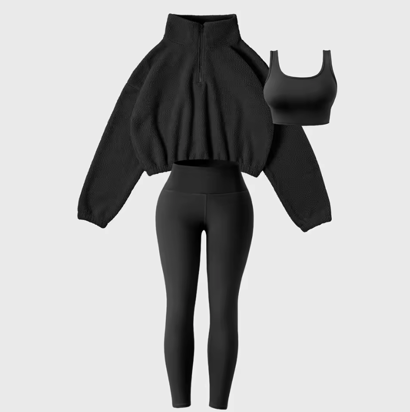 Ensemble 3 Pièces Pull à Capuche Fourrure et Pantalon Skinny