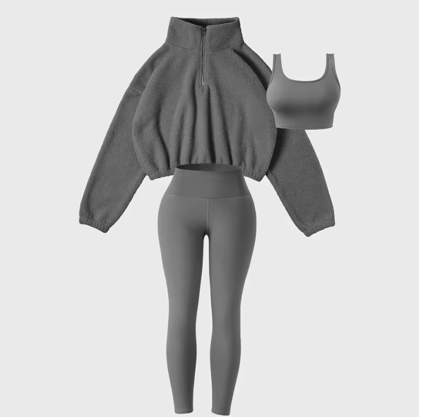 Ensemble 3 Pièces Pull à Capuche Fourrure et Pantalon Skinny