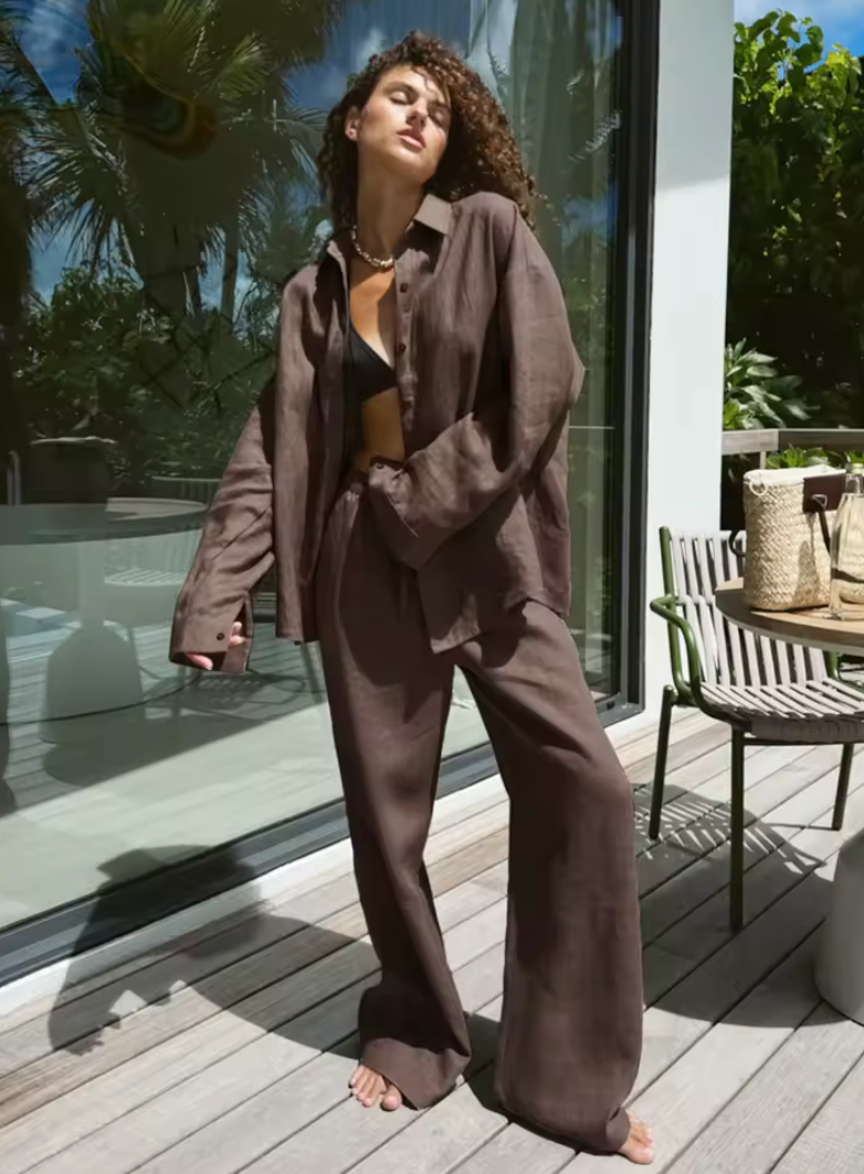 Ensemble Chemise Col Cranté et Pantalon Taille Élastique
