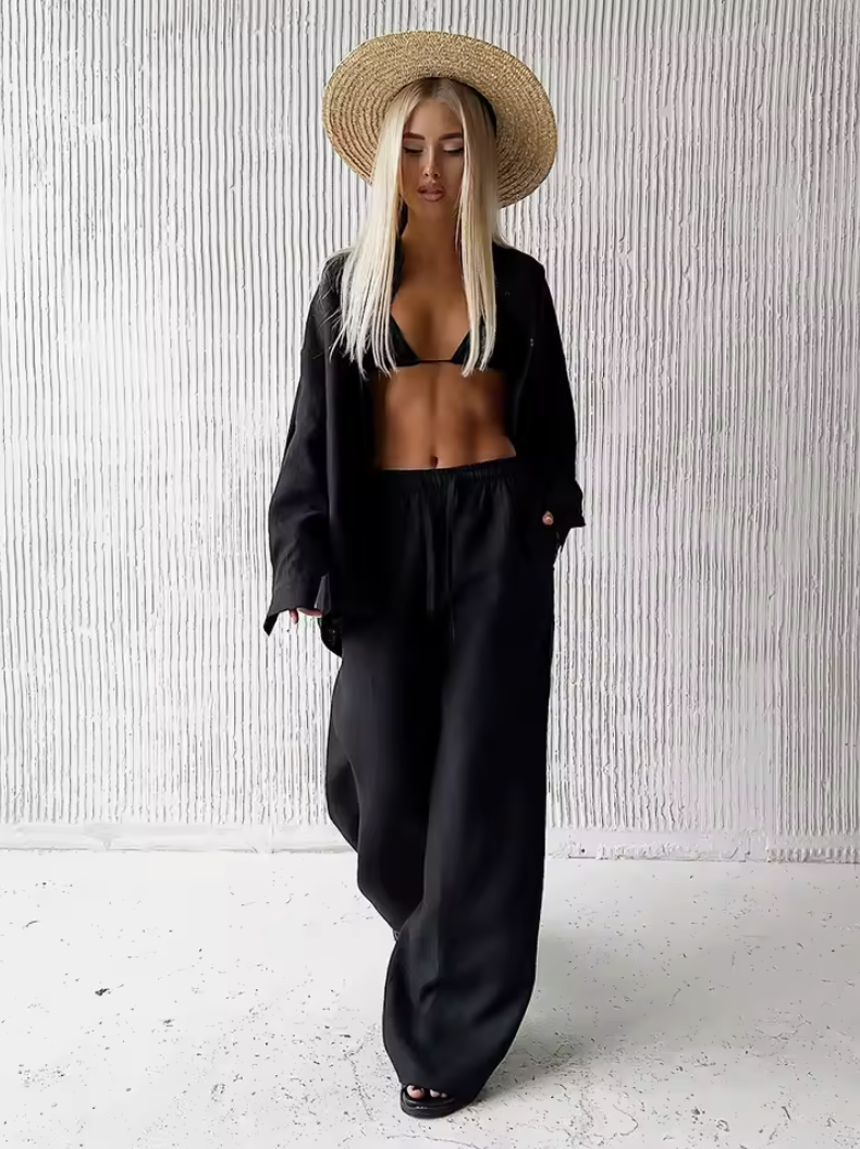 Ensemble Chemise Col Cranté et Pantalon Taille Élastique