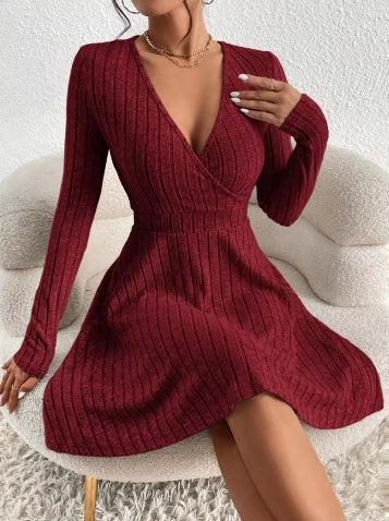Robe Pull Bodycon Col V Manches Longues