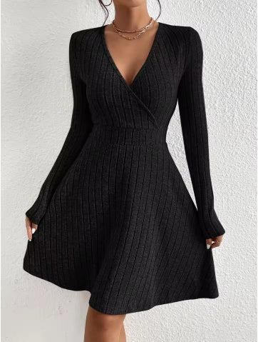 Robe Pull Bodycon Col V Manches Longues