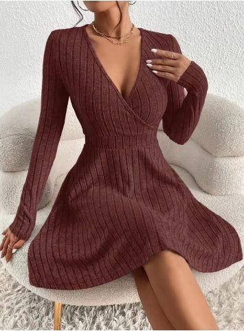 Robe Pull Bodycon Col V Manches Longues