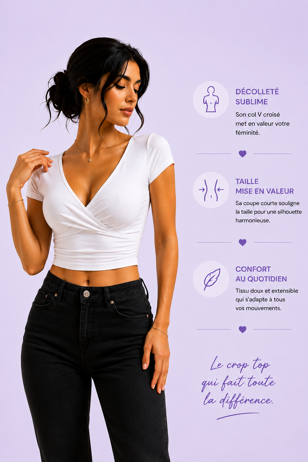 T-Shirt Crop Col V Manches Courtes - Lot de 3