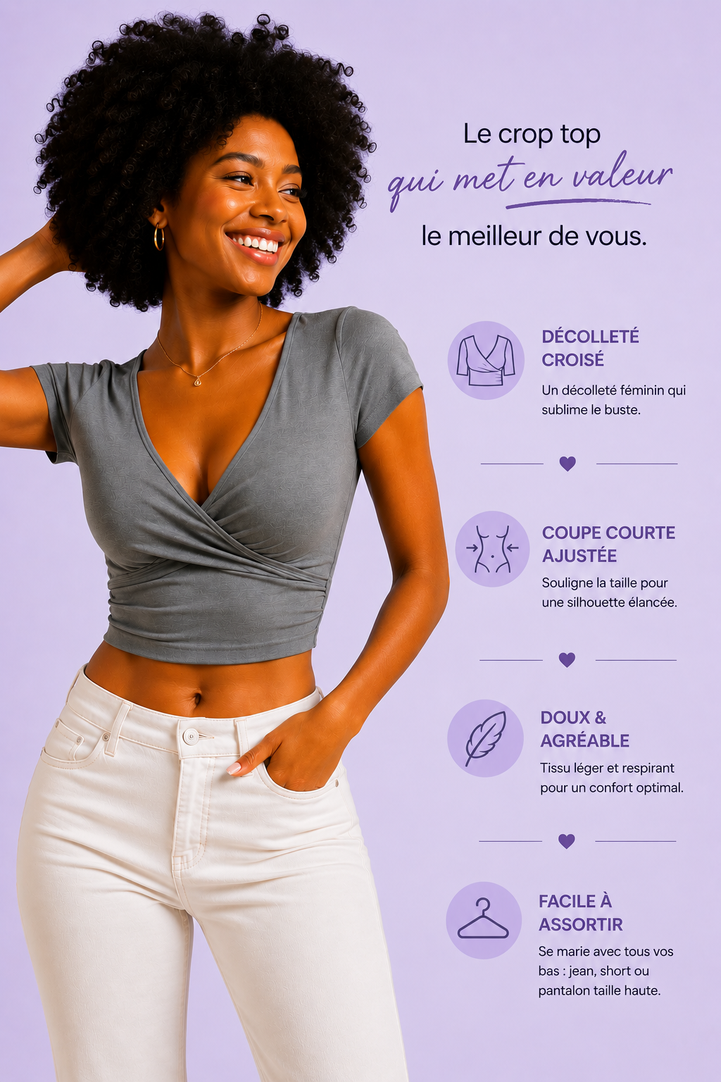 T-Shirt Crop Col V Manches Courtes - Lot de 3