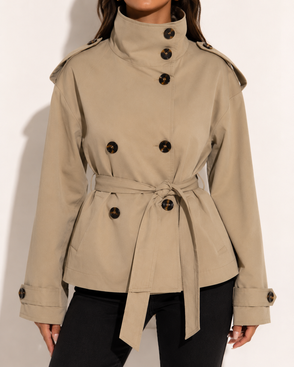 Veste Cropped Ceinturée Col Montant