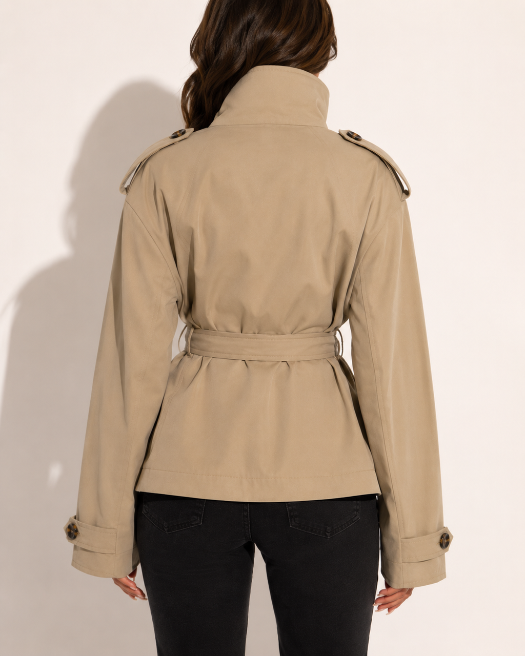 Veste Cropped Ceinturée Col Montant