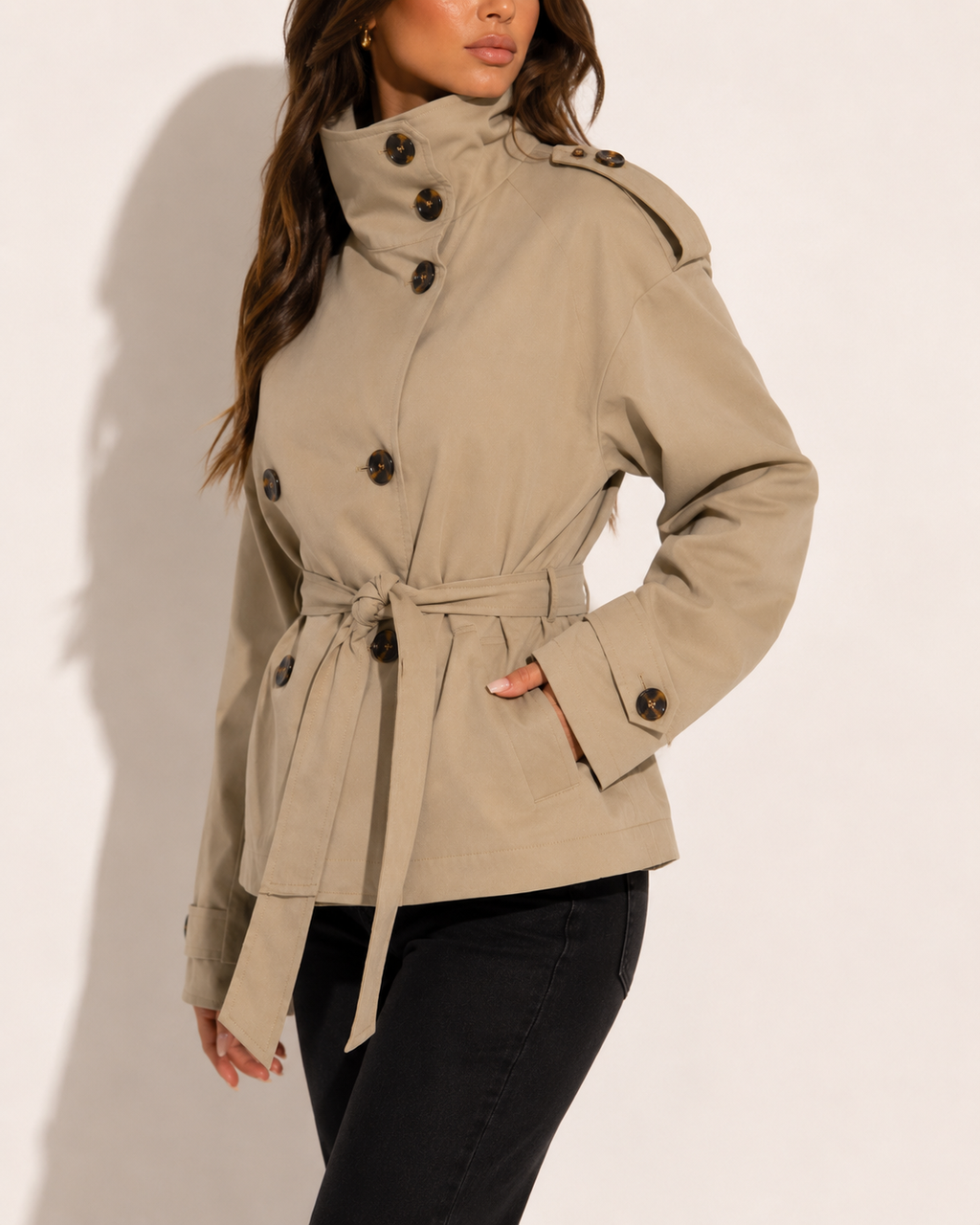 Veste Cropped Ceinturée Col Montant