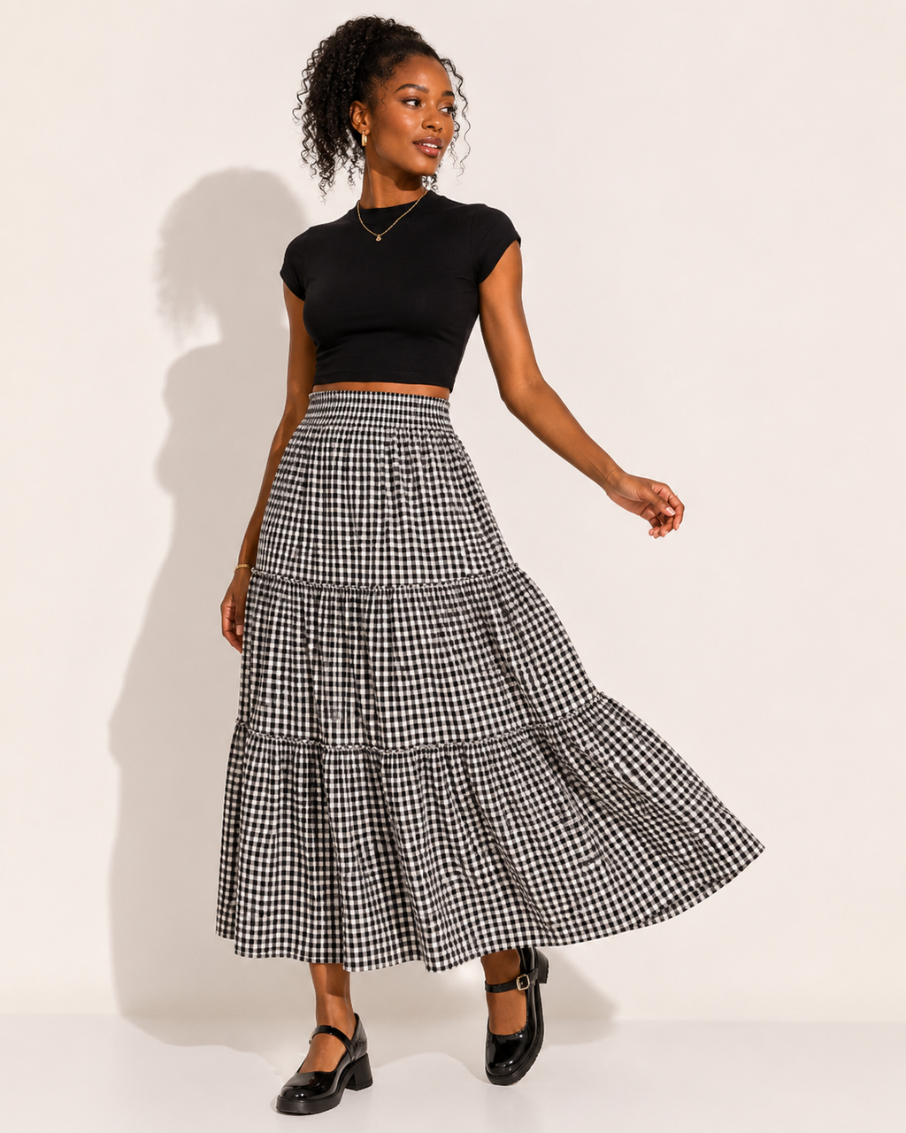 Jupe Midi à Plusieurs Niveaux Carreaux Vintage