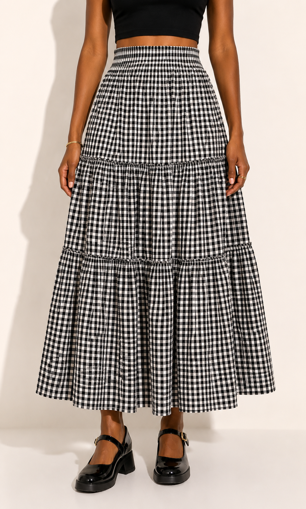 Jupe Midi à Plusieurs Niveaux Carreaux Vintage