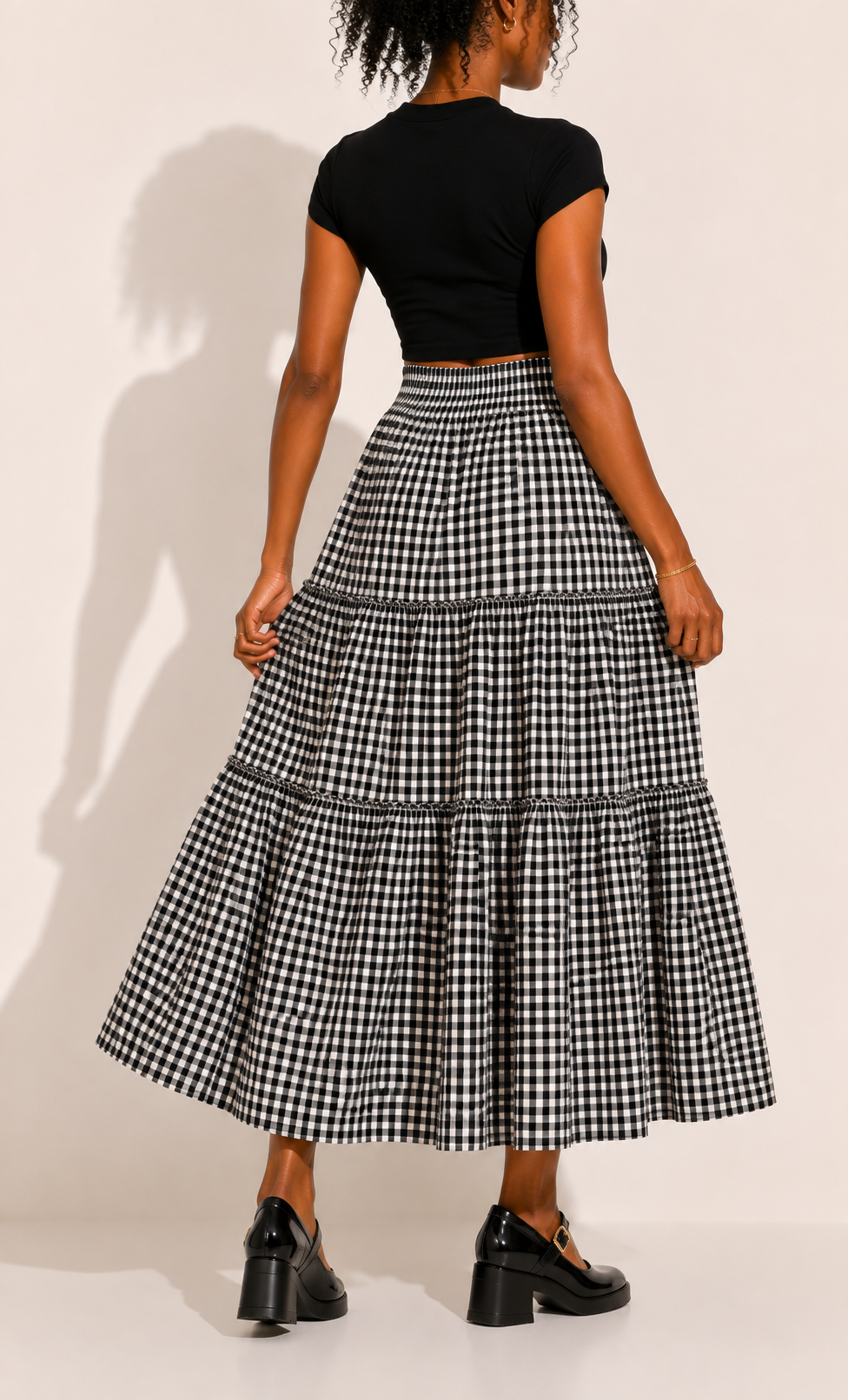 Jupe Midi à Plusieurs Niveaux Carreaux Vintage