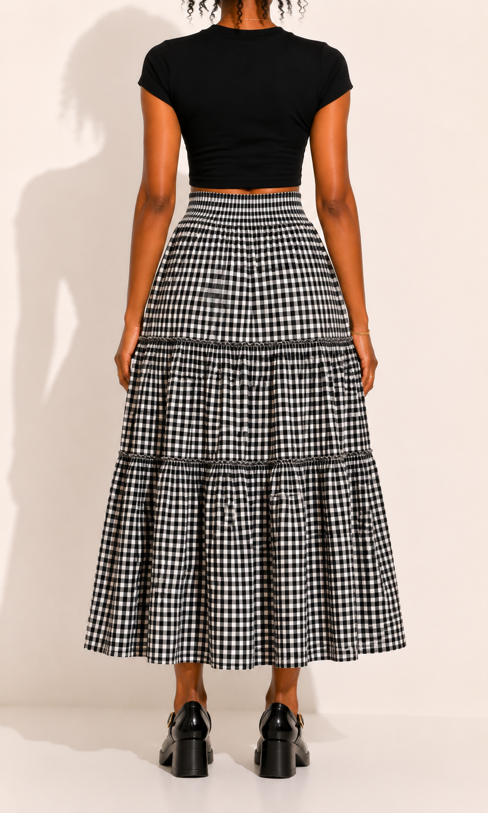 Jupe Midi à Plusieurs Niveaux Carreaux Vintage