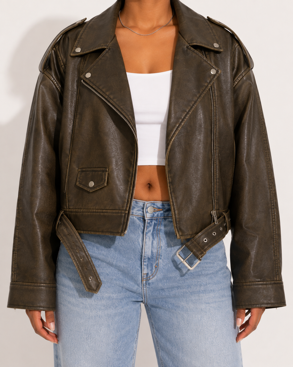 Veste Courte en Similicuir Oversize Motard
