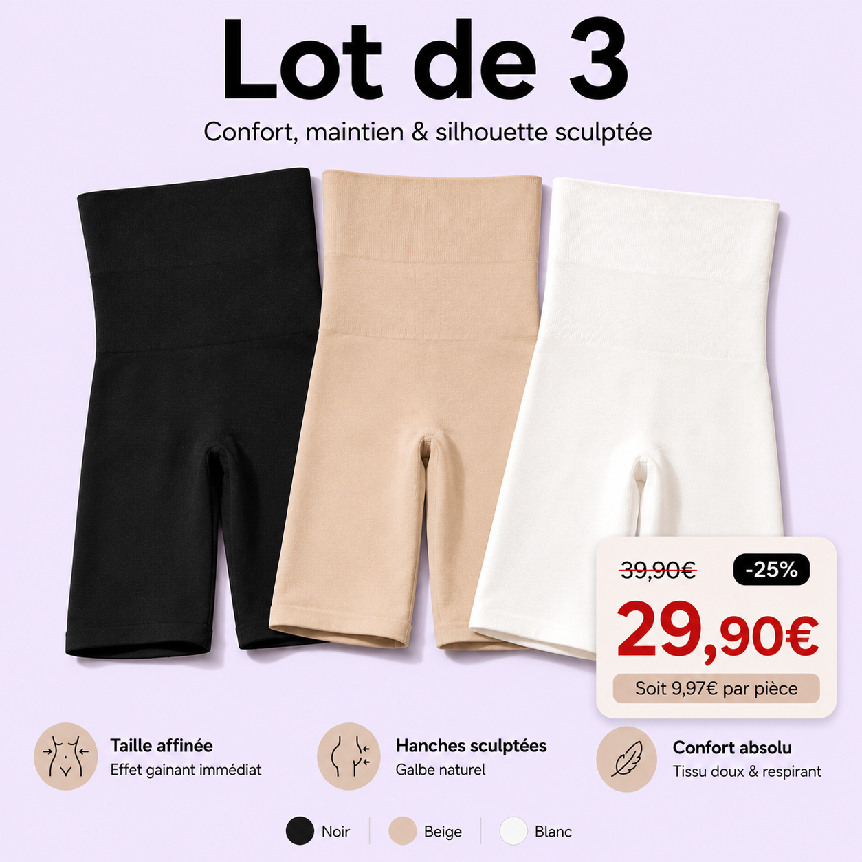 Short Sculptant Taille Haute Cuisses Mi-Longueur Lot de 3