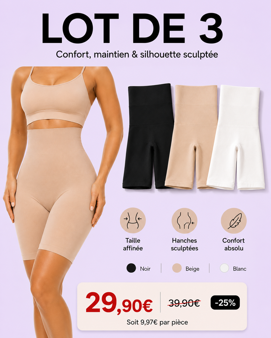 Short Sculptant Taille Haute Cuisses Mi-Longueur Lot de 3