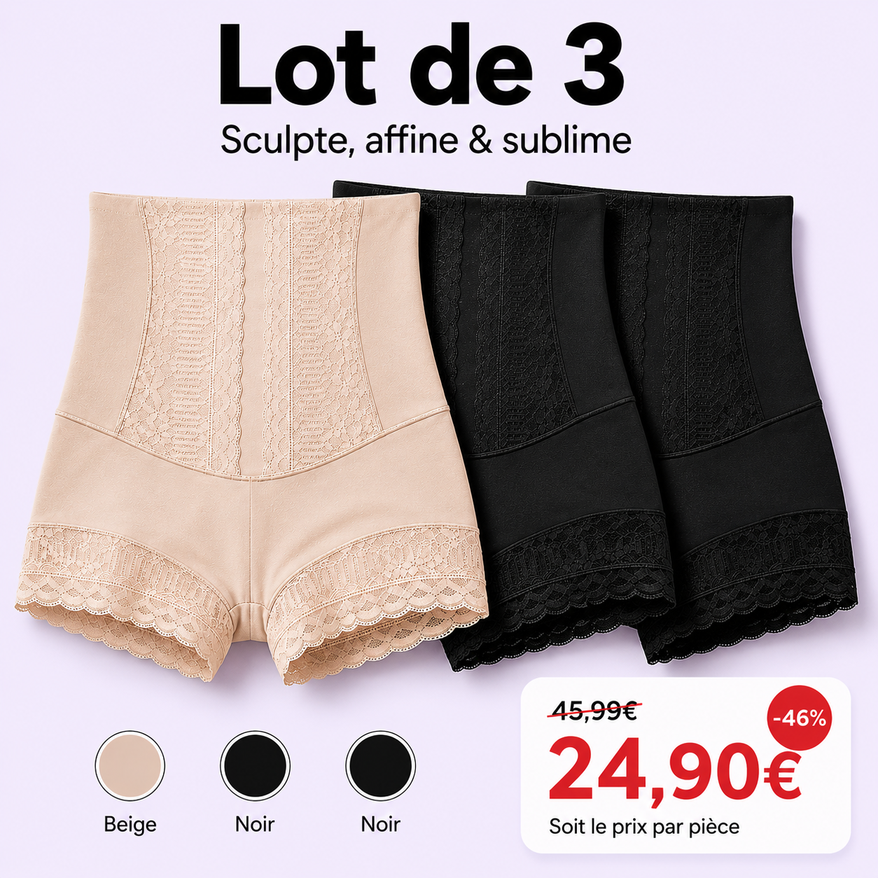 Short Gainant Taille Haute Sans Couture Dentelle Lot de 3