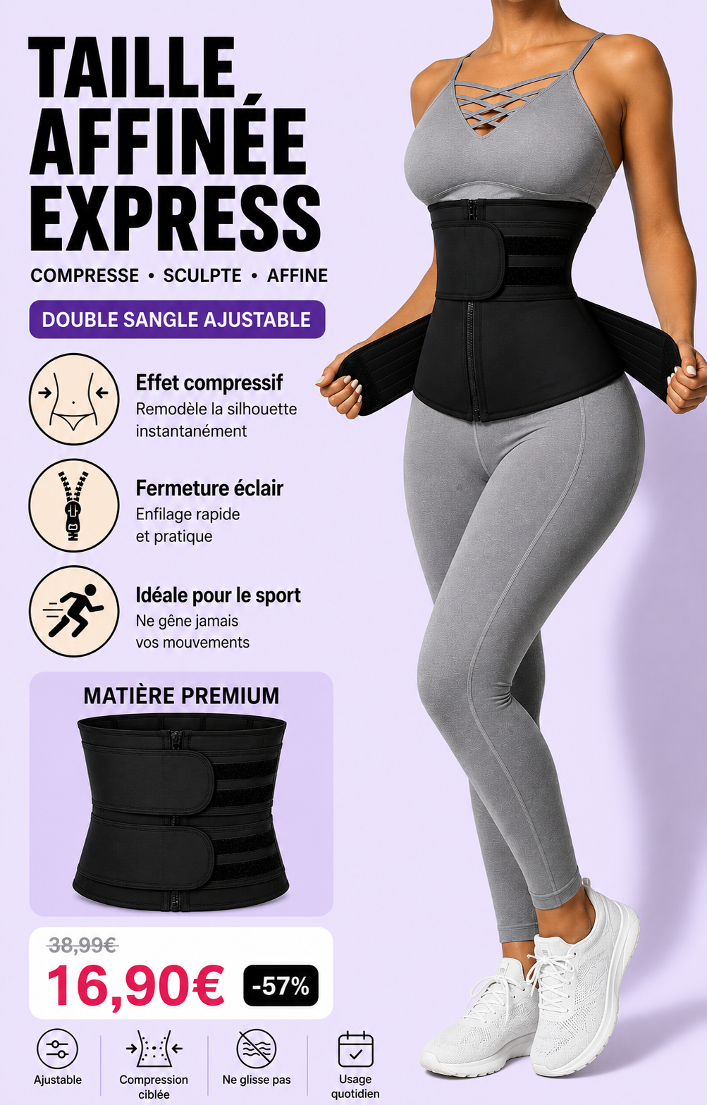 Ceinture Amincissante Ajustable Fermeture Éclair Contrôle du Ventre