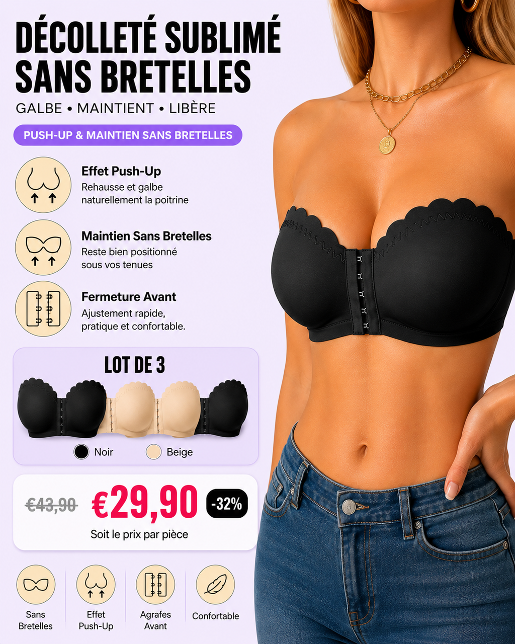 Soutien-gorge en Dentelle Sans Bretelles Push-Up - Lot de 3