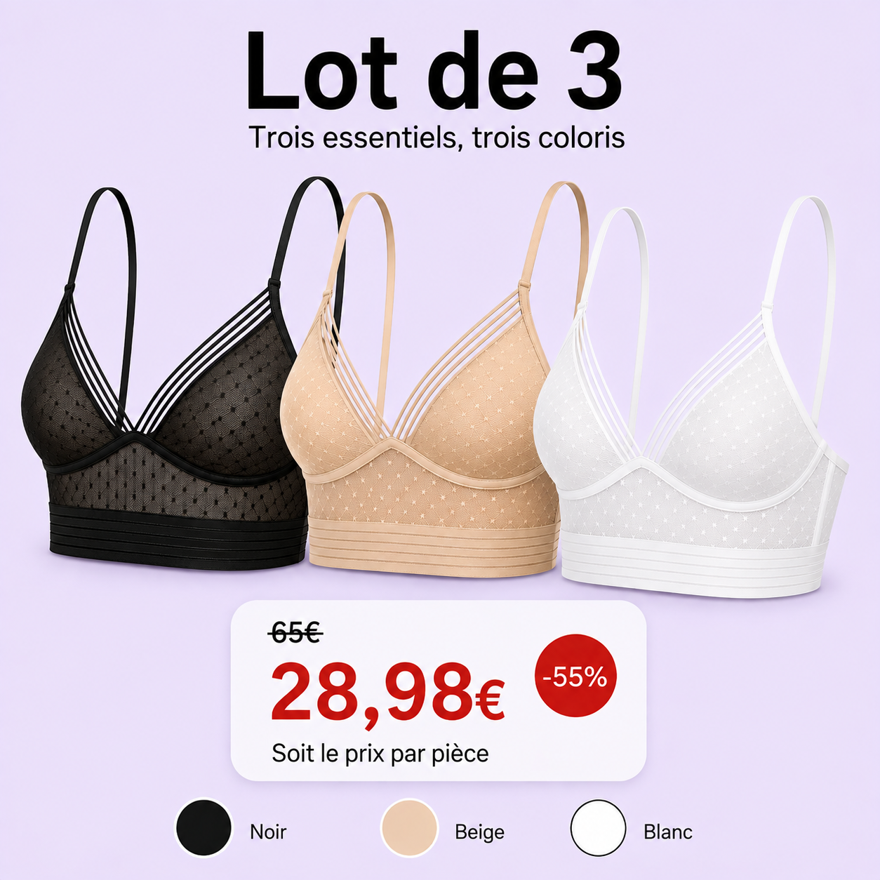 Soutien-gorge Dos Nu en Dentelle Ultra-Fin Sans Armatures - Lot de 3