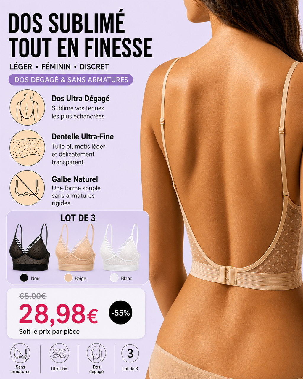 Soutien-gorge Dos Nu en Dentelle Ultra-Fin Sans Armatures - Lot de 3