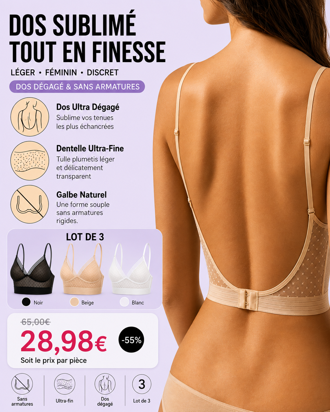 Soutien-gorge Dos Nu en Dentelle Ultra-Fin Sans Armatures - Lot de 3