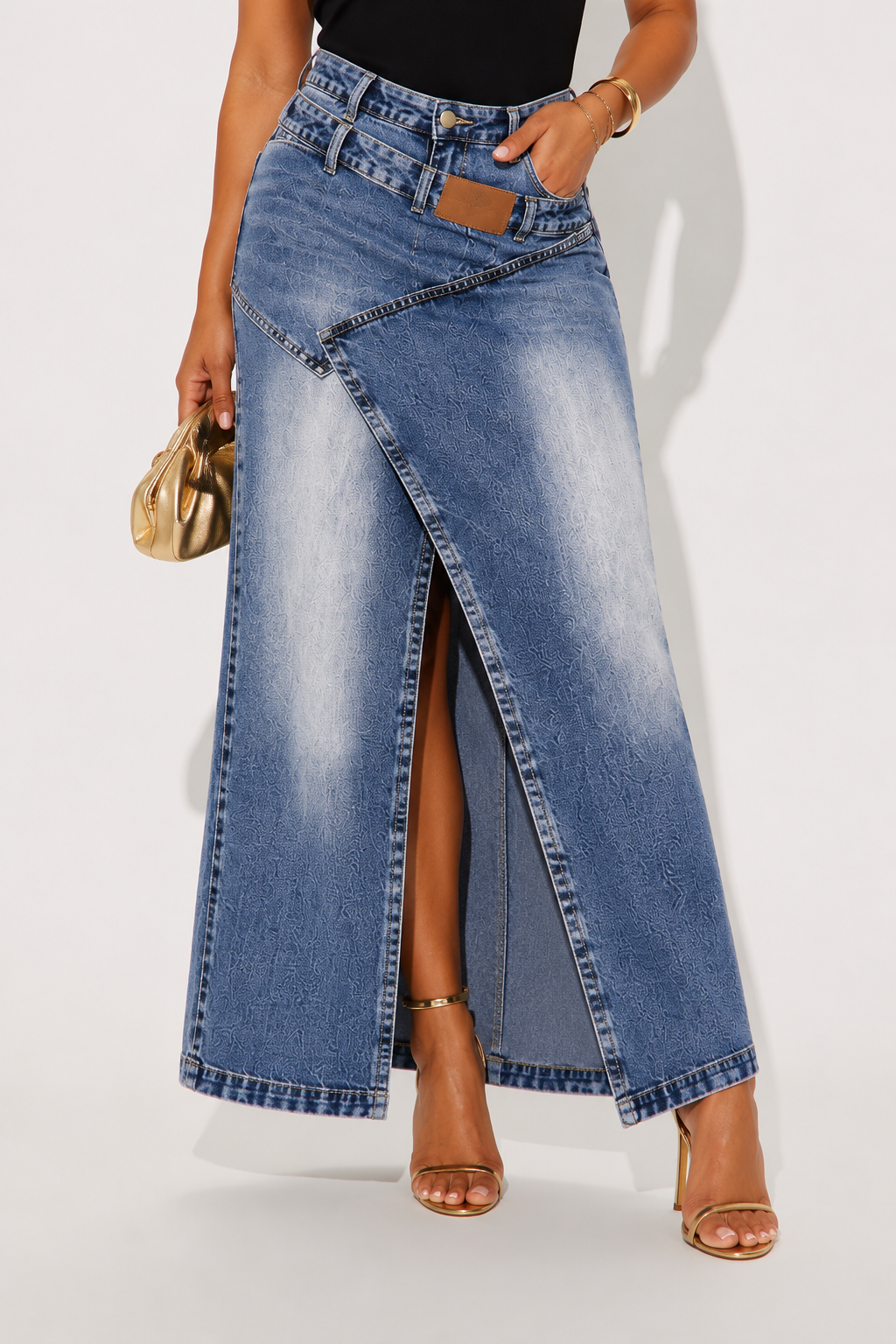 Jupe Longue en Jean Délavé Asymétrique