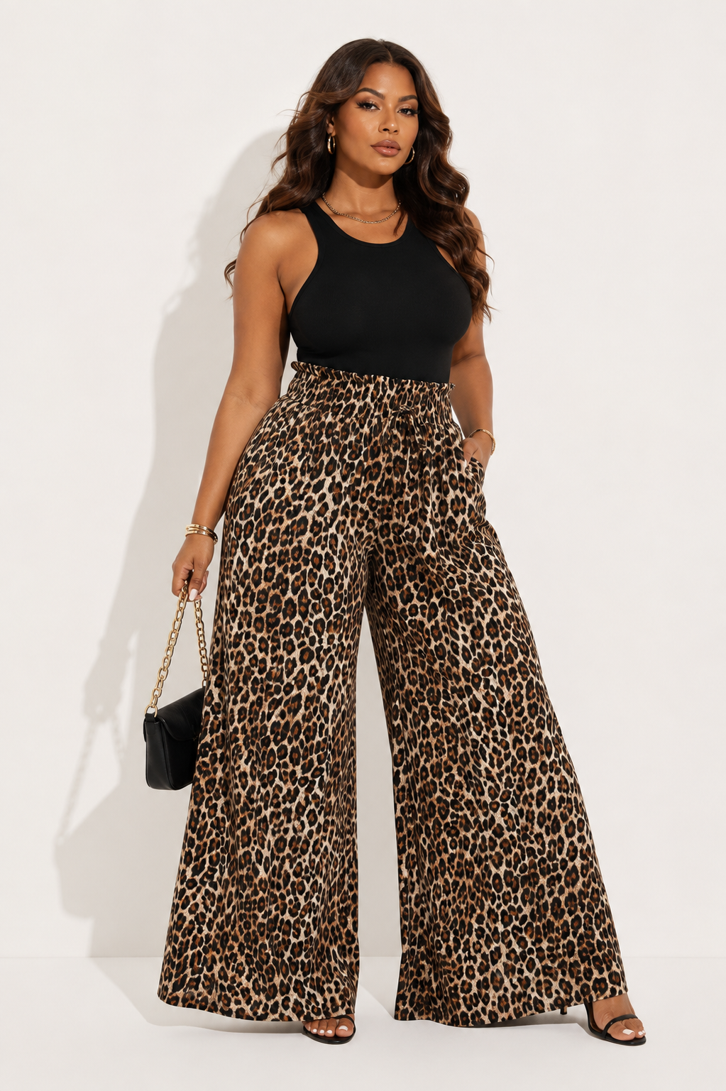 Pantalon Imprimé Léopard Taille Haute Jambes Larges
