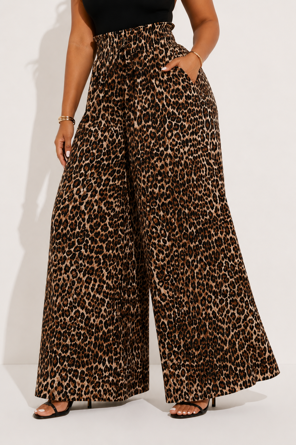 Pantalon Imprimé Léopard Taille Haute Jambes Larges
