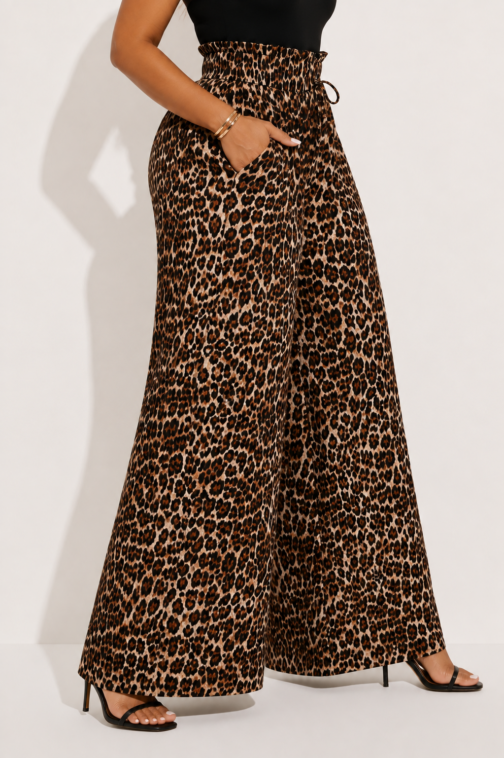 Pantalon Imprimé Léopard Taille Haute Jambes Larges