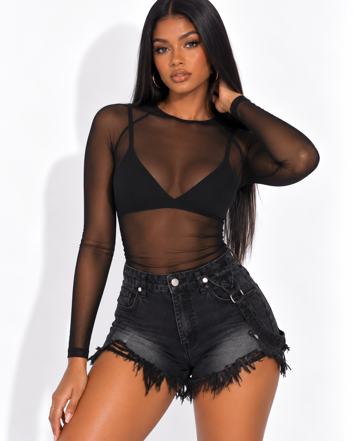 Top Manches Longues en Mesh Transparent