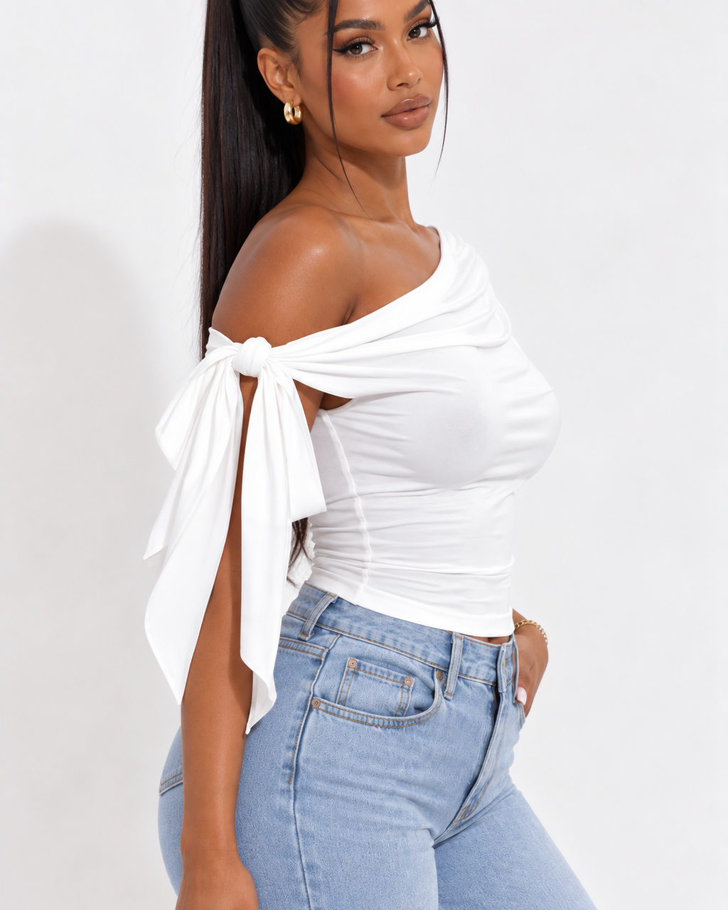 Crop Top Asymétrique Une Épaule Dos Noué
