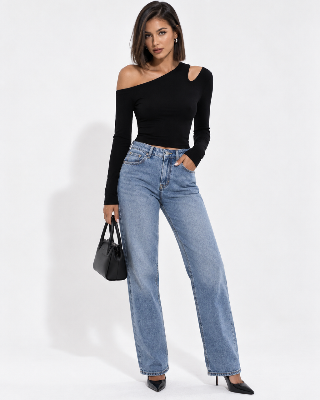 T-Shirt Manches Longues Épaule Dénudée Crop