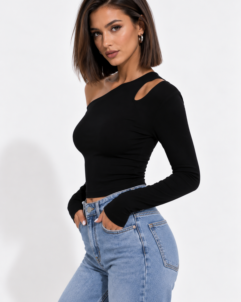 T-Shirt Manches Longues Épaule Dénudée Crop