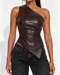 T-Shirt Façon Cuir Sans Manches Col Oblique Zippé