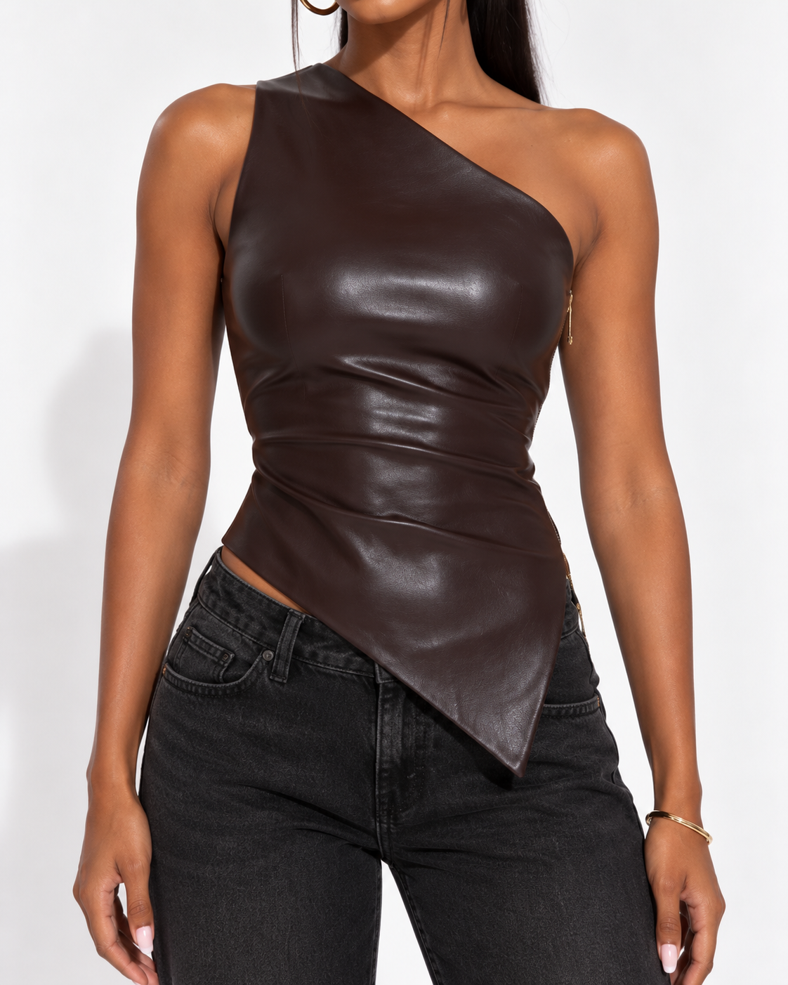T-Shirt Façon Cuir Sans Manches Col Oblique Zippé