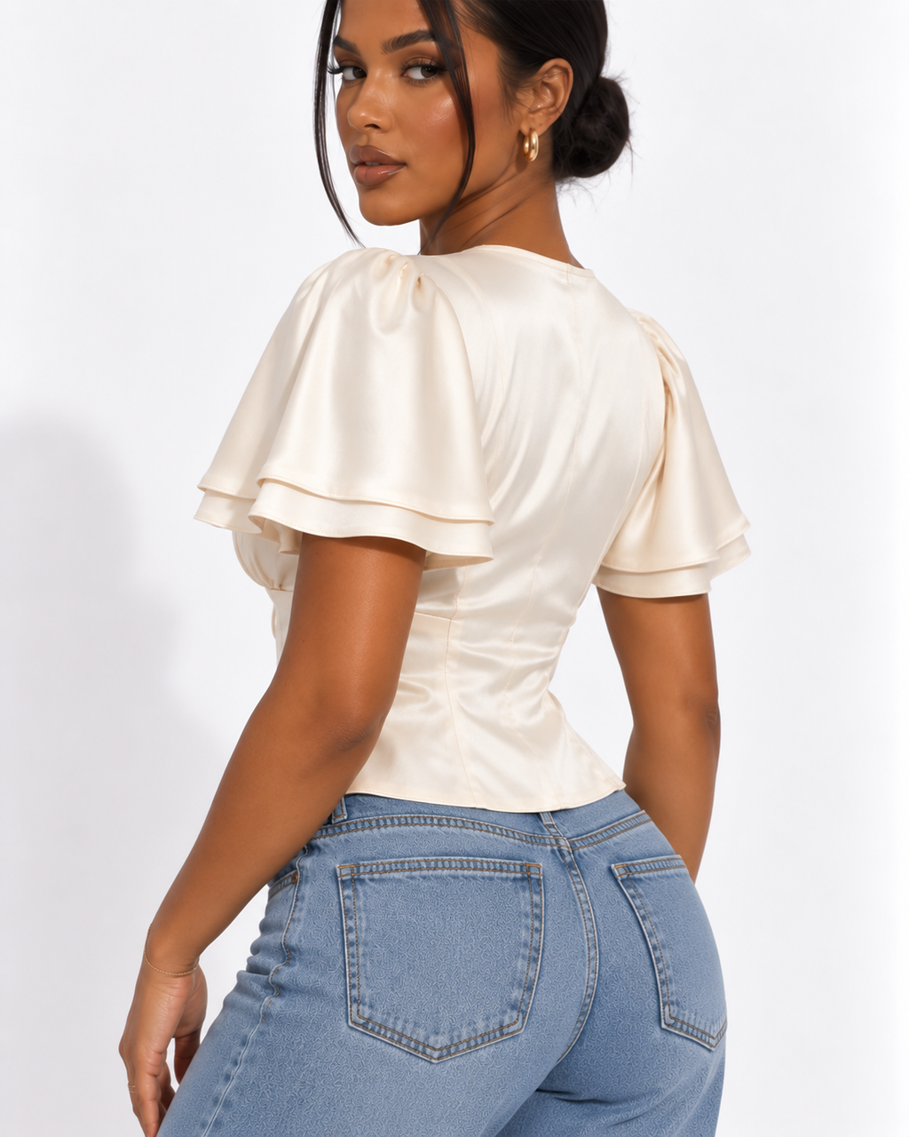 Top Dentelle Col V Manches Courtes Satin