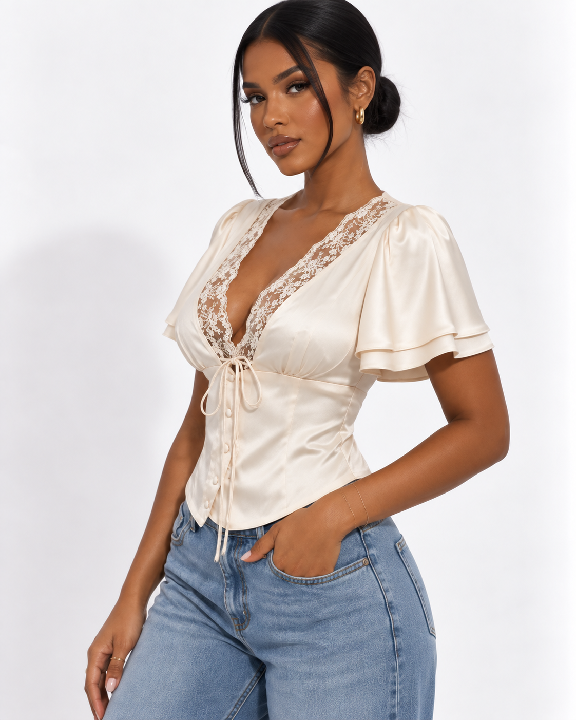Top Dentelle Col V Manches Courtes Satin
