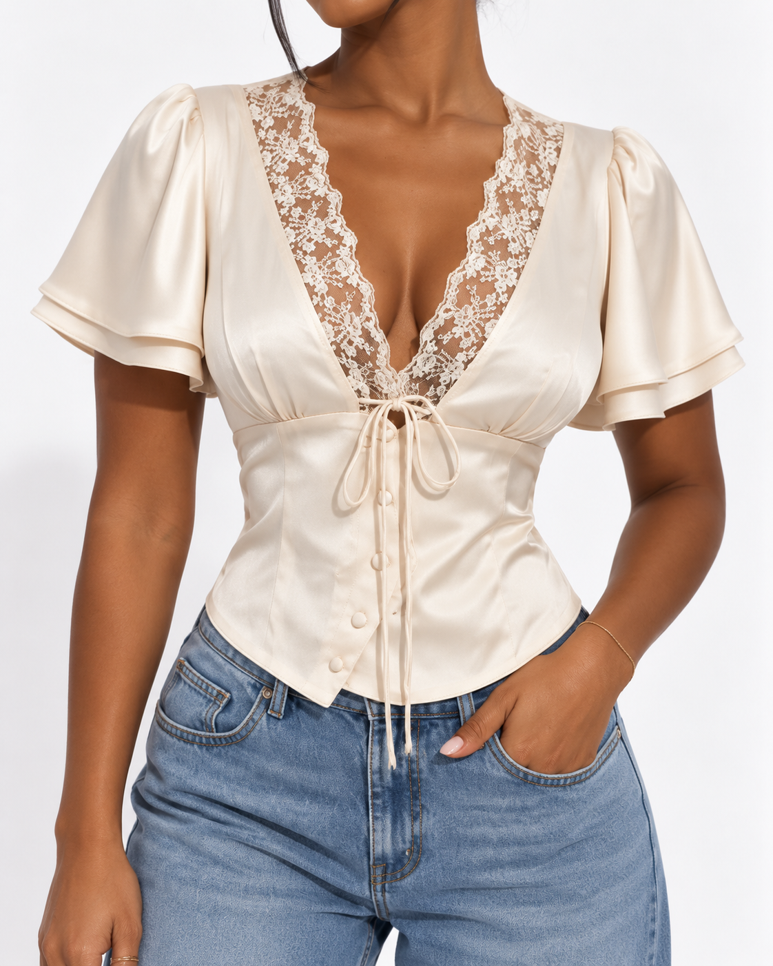 Top Dentelle Col V Manches Courtes Satin